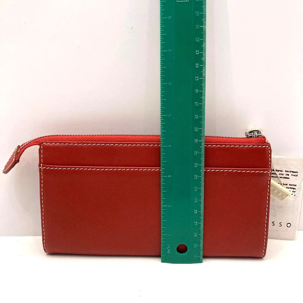 NWT Besso Red‎ Leather Wallet Double Clasp Pockets Zip Top Contrast Stitching
